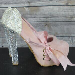Weiyali Pink Velor High Heel size 7.5 Clear Heel Platform Pink Ribbon Sequined